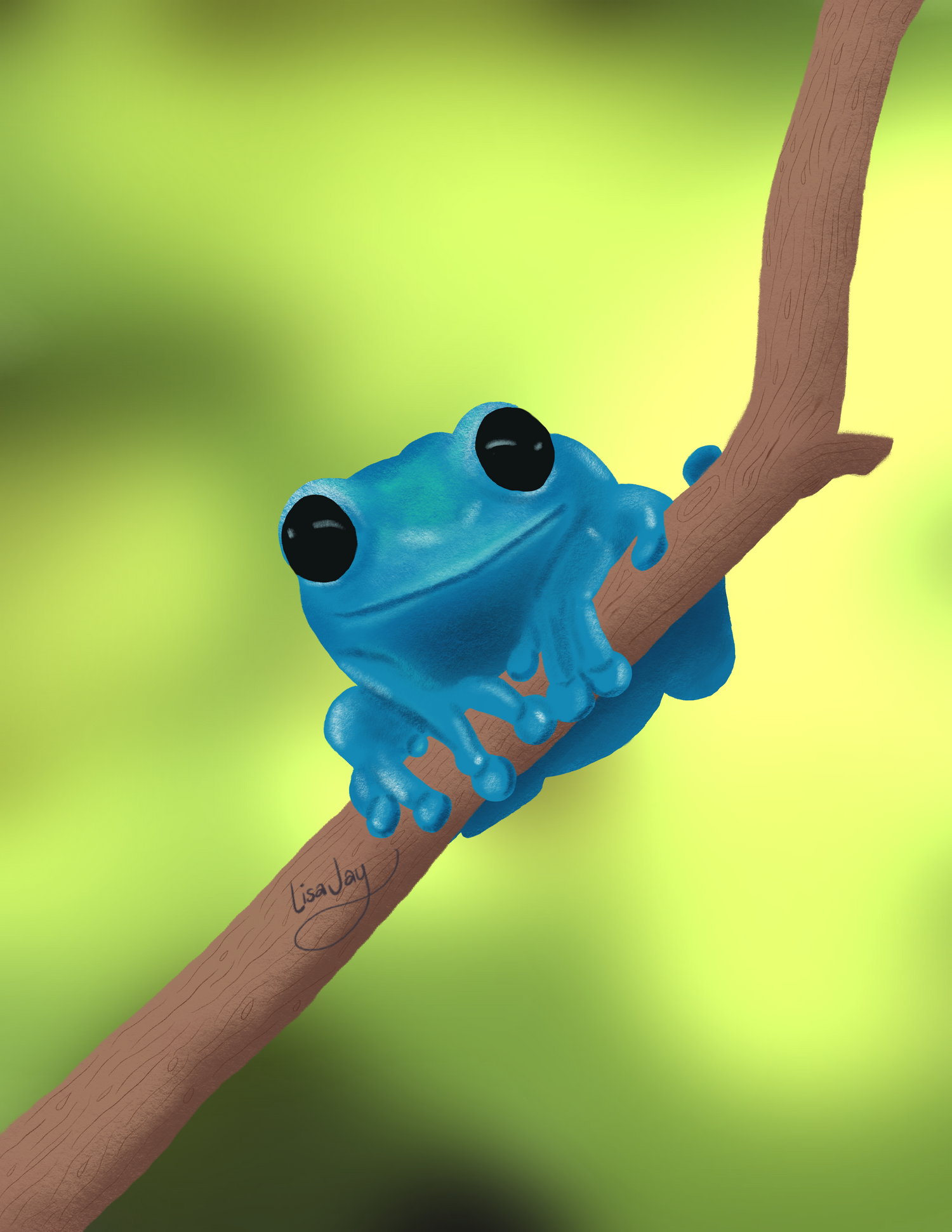 blue frog sitting on tree branch